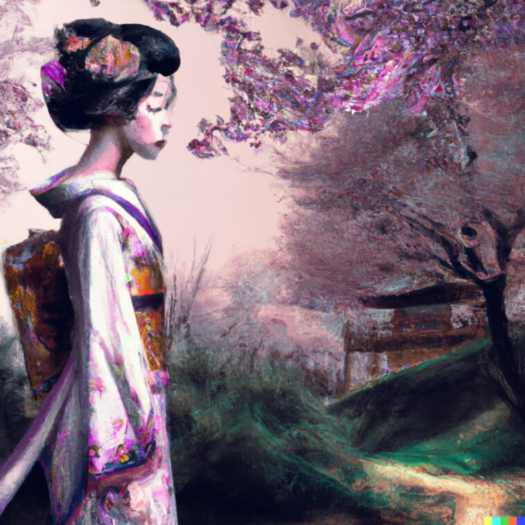 DALL·E | A fair Gisha walking in the royal garden